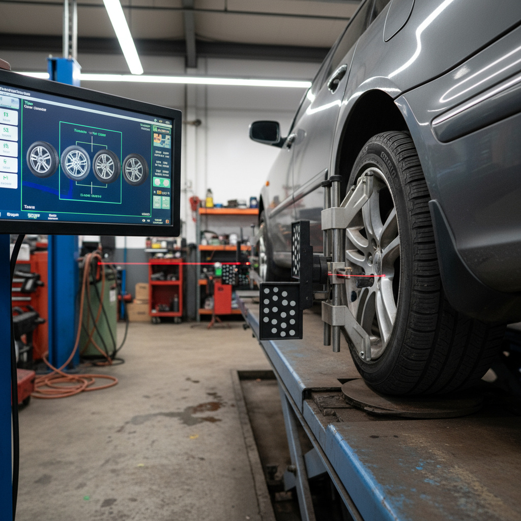 Wheel alignment equipment in use