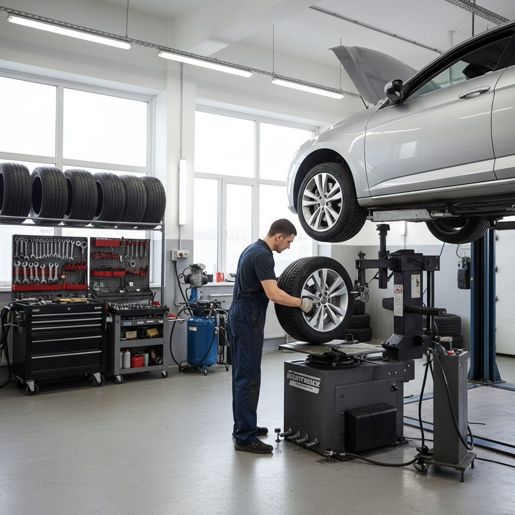 Technician fitting a tyre in a professional workshop