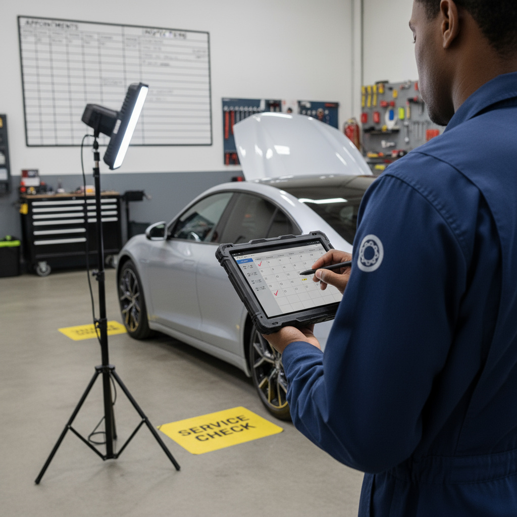 Technician reviewing tyre service plan on a tablet