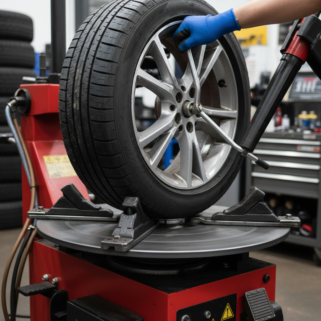 Tyre being mounted on professional equipment